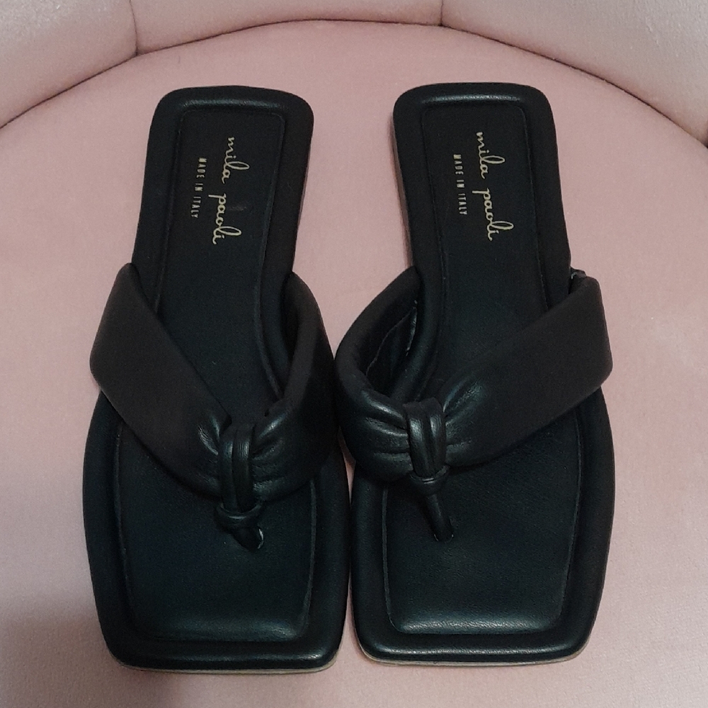 Mila Paoli Black Sandals with Square Toe and Gathered Detail